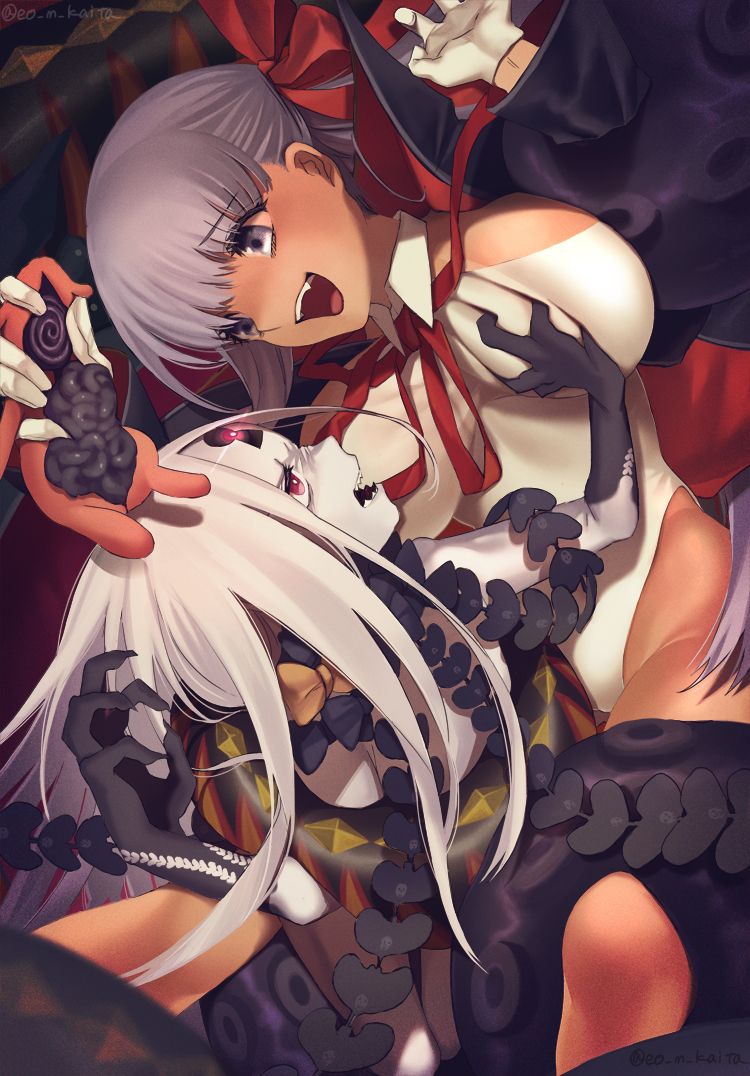 2girls abigail_williams_(fate/grand_order) bangs bare_shoulders bb_(fate)_(all) bb_(swimsuit_mooncancer)_(fate) black_bow black_coat blush bow breast_grab breasts coat dark_skin deep_skin fate/grand_order fate_(series) gloves grabbing hair_ribbon hat highleg highleg_leotard kaita_(mokamilkcup) keyhole large_breasts leotard long_hair long_sleeves multiple_bows multiple_girls neck_ribbon open_clothes open_coat open_mouth orange_bow parted_bangs popped_collar purple_hair red_eyes red_ribbon ribbon sharp_teeth smile stuffed_toy tan teeth tentacles third_eye very_long_hair violet_eyes white_gloves white_hair white_leotard white_skin