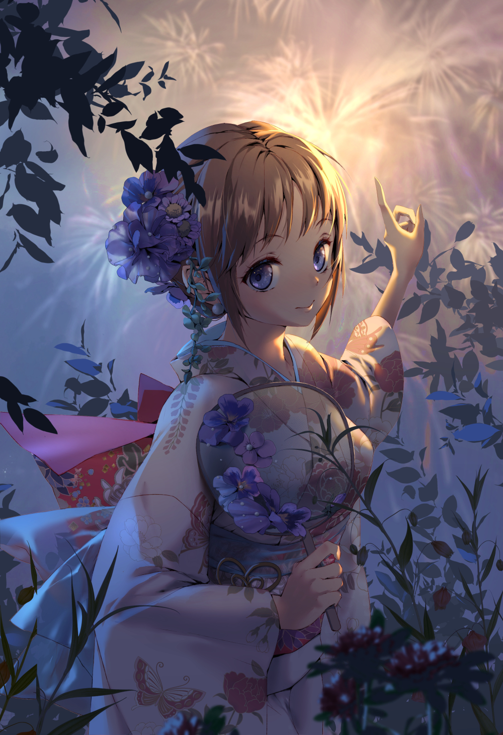 1girl animal_print blue_sash brown_hair butterfly_print closed_mouth fan fireworks flower hair_flower hair_ornament hand_up highres holding holding_fan japanese_clothes kimono lilithbloody long_sleeves looking_at_viewer original paper_fan print_kimono purple_flower sash smile solo summer_festival violet_eyes white_kimono yukata