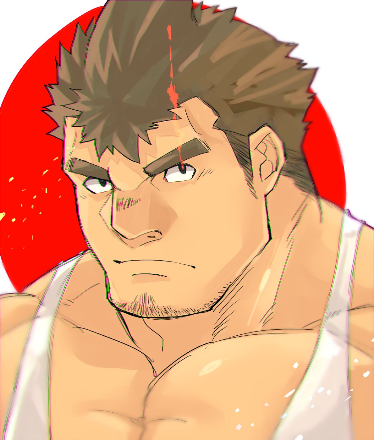 1boy bara black_eyes brown_hair chest face facial_hair glowing glowing_eye goatee highres hiraga0613 kengo_(tokyo_houkago_summoners) looking_at_viewer male_focus manly muscle portrait simple_background solo stubble tank_top thick_eyebrows tokyo_houkago_summoners white_tank_top