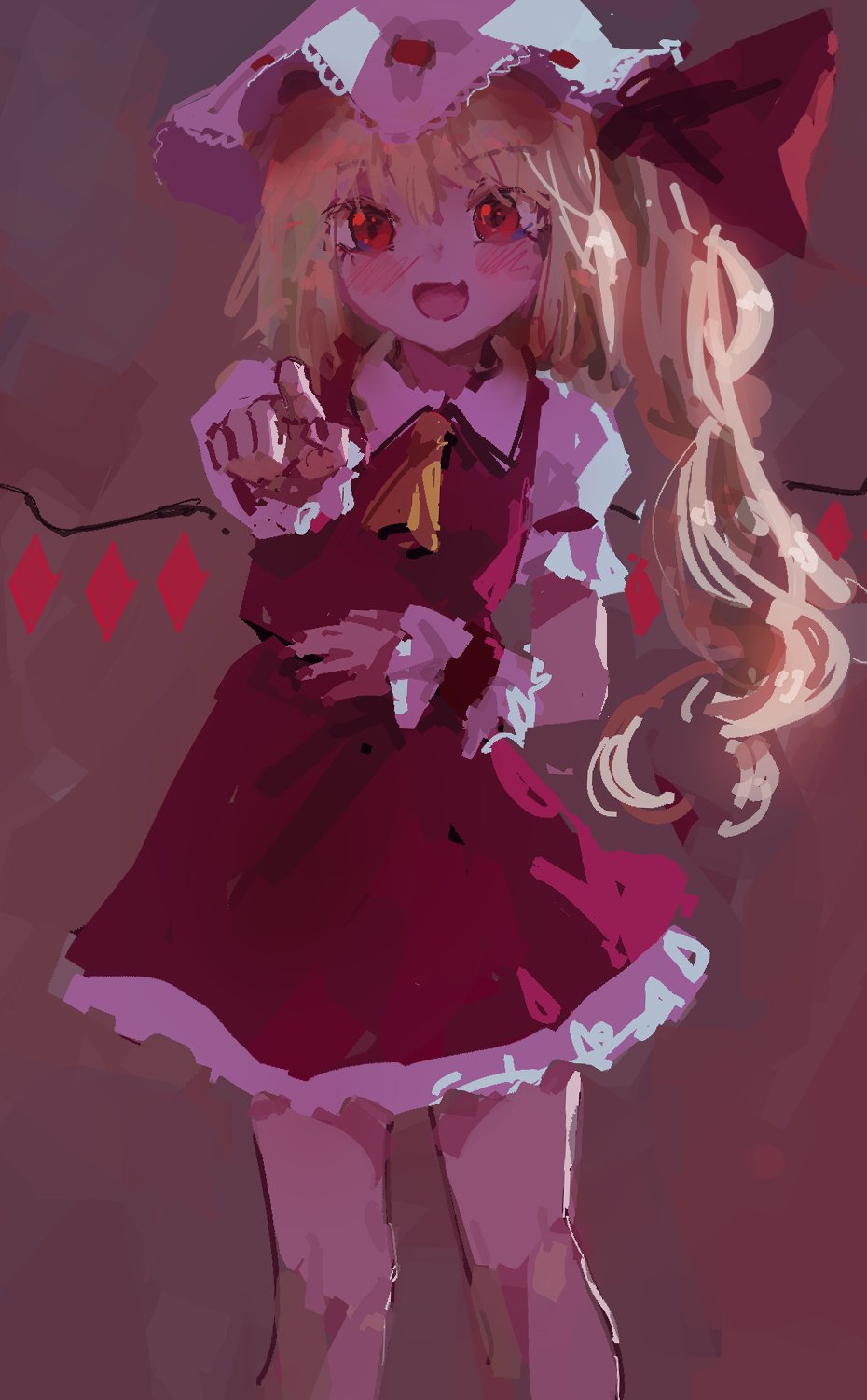 1girl :d ascot blonde_hair blush bow brown_background collared_shirt crystal eyebrows_visible_through_hair fang feet_out_of_frame flandre_scarlet flat_chest hand_on_own_stomach hat hat_bow highres looking_at_viewer medium_hair mob_cap one_side_up open_mouth pointing pointing_at_viewer puffy_short_sleeves puffy_sleeves red_bow red_eyes red_nails red_skirt red_vest reddizen shirt short_sleeves skin_fang skirt smile solo standing touhou vest white_headwear white_shirt wings yellow_neckwear