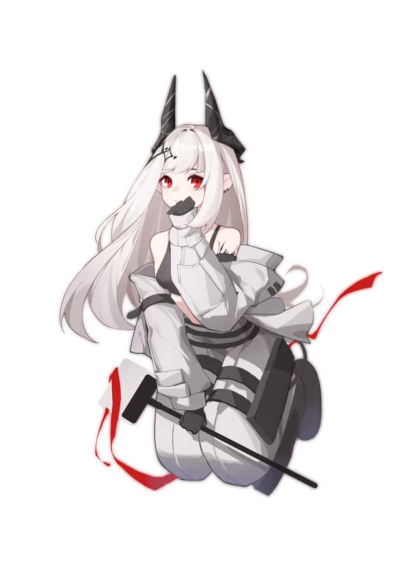 1girl arknights bangs bare_shoulders black_gloves commentary gloves hand_up horns long_hair long_sleeves looking_at_viewer mudrock_(arknights) oripathy_lesion_(arknights) owenhiruno red_eyes silver_hair simple_background solo white_background