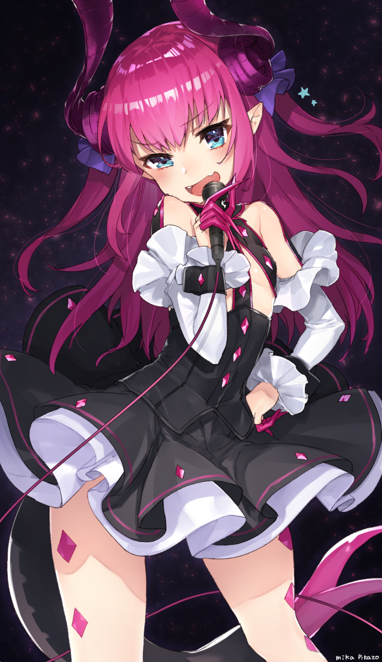 1girl :d amethyst_(gemstone) artist_name bare_shoulders black_dress blue_eyes blush cable contrapposto demon_girl demon_horns demon_tail detached_sleeves dress elizabeth_bathory_(fate) elizabeth_bathory_(fate)_(all) eyebrows eyebrows_visible_through_hair fang fate/extra fate/extra_ccc fate_(series) flat_chest frilled_sleeves frills gem hand_on_hip head_tilt highres holding holding_microphone horns long_hair long_sleeves looking_at_viewer microphone mika_pikazo open_mouth pink_hair pointy_ears pose smile solo standing star_(symbol) tail thighs tooth wrist_cuffs