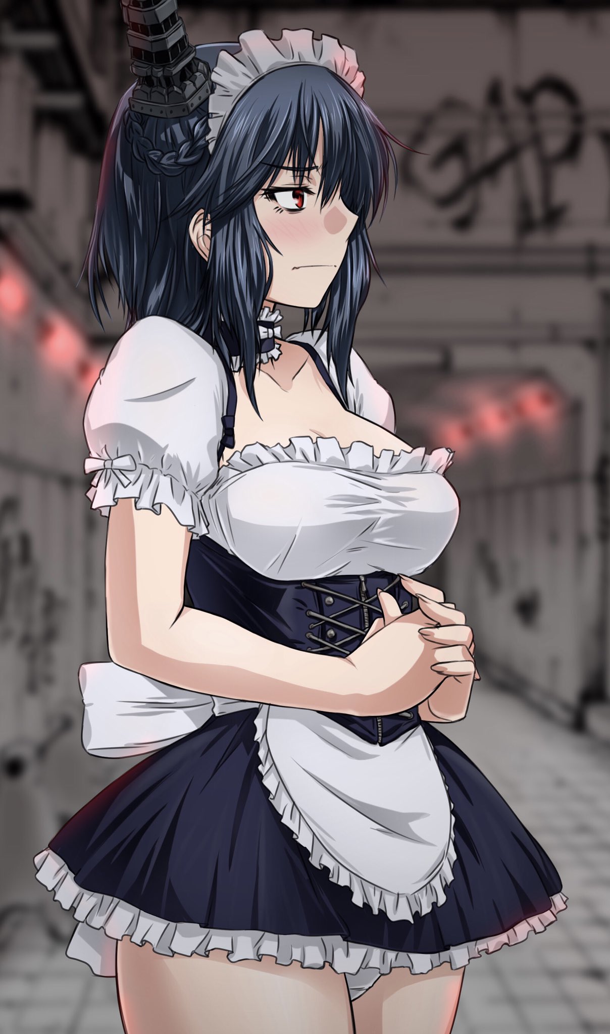 1girl akito_(sub707) alternate_costume apron bangs black_hair blurry blurry_background blush breasts closed_mouth enmaided eyebrows_visible_through_hair hair_ornament headgear highres kantai_collection large_breasts maid maid_headdress panties profile red_eyes short_hair short_sleeves sidelocks solo underwear waist_apron white_apron white_panties yamashiro_(kantai_collection)