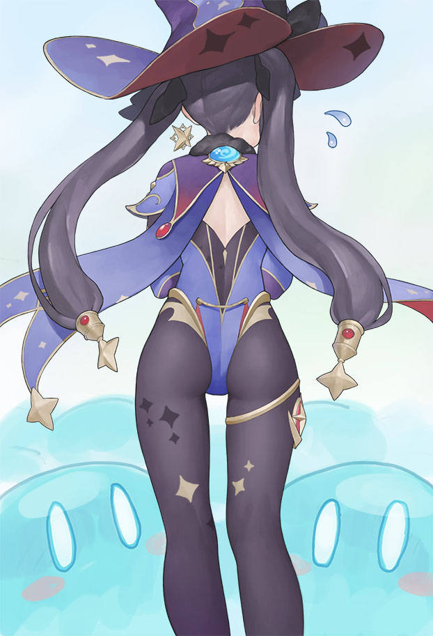 0_0 1girl ass black_bow black_legwear blue_leotard blush_stickers bow cape djjj5322 fur_trim genshin_impact hair_bow hair_ribbon hat highleg highleg_leotard leotard mage mona_(genshin_impact) purple_hair ribbon slime standing thigh_strap witch_hat