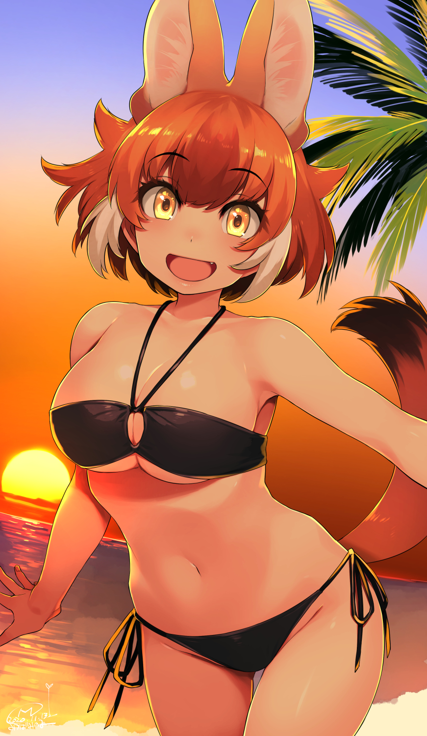 1girl :d animal_ear_fluff animal_ears bangs bare_shoulders beach bikini black_bikini breasts brown_hair clouds collarbone commentary dated day dhole_(kemono_friends) dog_ears dutch_angle extra_ears eyebrows_visible_through_hair fang happa_(cloverppd) highres kemono_friends large_breasts looking_at_viewer multicolored_hair navel ocean open_mouth outdoors palm_tree short_hair side-tie_bikini signature smile solo sun sunset swimsuit tail thigh_gap tree two-tone_hair white_hair yellow_eyes