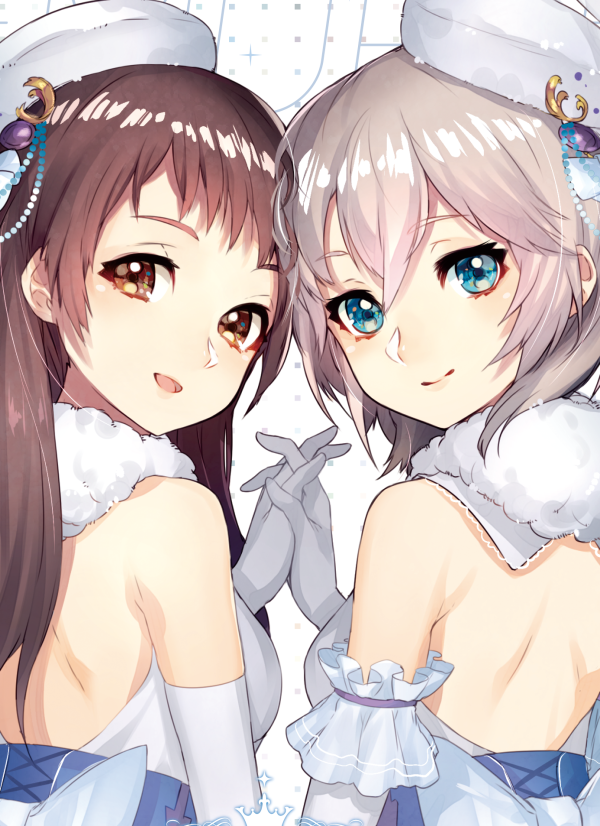 2girls :d anastasia_(idolmaster) bare_back blue_eyes brown_eyes brown_hair dress eyeshadow from_behind gloves hair_ornament hand_up hands_up hat idolmaster idolmaster_cinderella_girls interlocked_fingers looking_at_viewer looking_back makeup mika_pikazo multiple_girls nitta_minami open_mouth sash smile white_dress white_gloves white_headwear