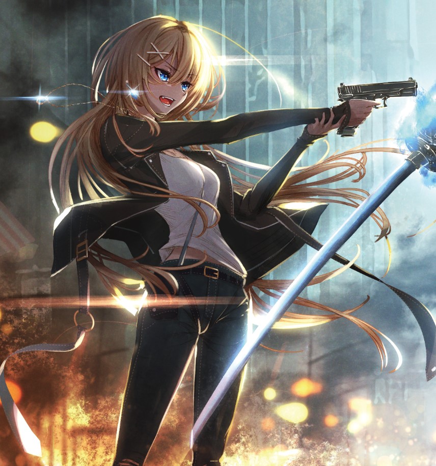 1boy 1girl aiming arm_up bangs belt blonde_hair blue_eyes blue_pants breasts brown_jacket character_request cluseller commentary_request commission copyright_request cropped denim english_commentary eyebrows_visible_through_hair fang fire glint gun hair_ornament hand_up handgun holding holding_gun holding_sword holding_weapon jacket jeans jewelry katana long_hair long_sleeves medium_breasts midriff_peek mixed-language_commentary necklace open_mouth outdoors outstretched_arm pants partial_commentary shirt solo_focus standing sword teeth torn_clothes torn_pants very_long_hair weapon white_shirt wind x_hair_ornament