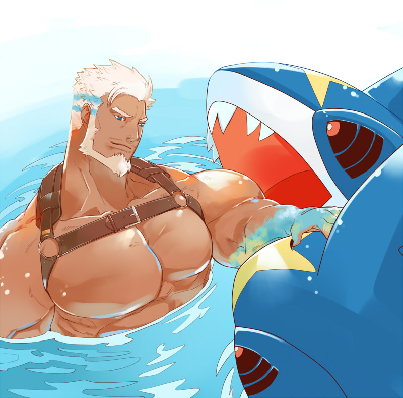 1boy abs aegir_(tokyo_houkago_summoners) aqua_hair bara bare_chest beard blue_eyes character_request chest chest_harness crossover dark_skin dark_skinned_male facial_hair harness hinokumo_f jewelry male_focus multicolored_hair muscle partially_submerged petting pokemon pokemon_(creature) shark short_hair single_earring solo streaked_hair tokyo_houkago_summoners upper_body white_hair