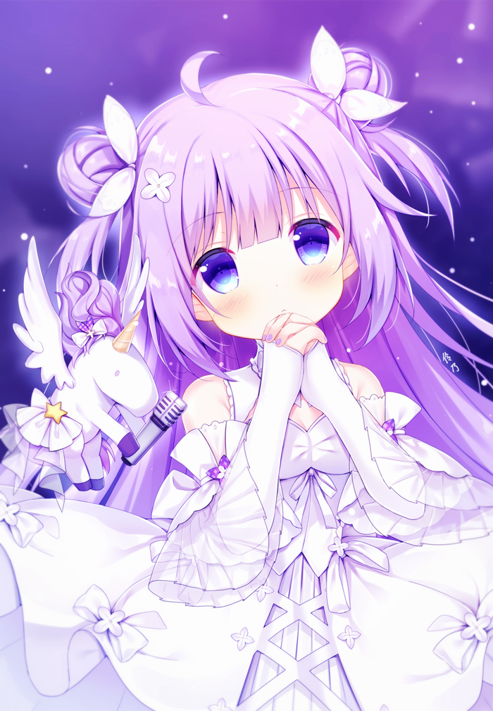 1girl ahoge azur_lane bangs bare_shoulders blush bow closed_mouth commentary_request detached_sleeves double_bun dress elbow_gloves eyebrows_visible_through_hair fingerless_gloves flower gloves hair_flower hair_ornament hair_ribbon hands_clasped hands_up long_hair looking_at_viewer nail_polish own_hands_together purple_hair purple_nails ribbon short_sleeves sleeveless sleeveless_dress solo stuffed_alicorn stuffed_animal stuffed_toy tengxiang_lingnai two_side_up unicorn_(azur_lane) very_long_hair violet_eyes white_bow white_dress white_footwear white_gloves white_ribbon wide_sleeves