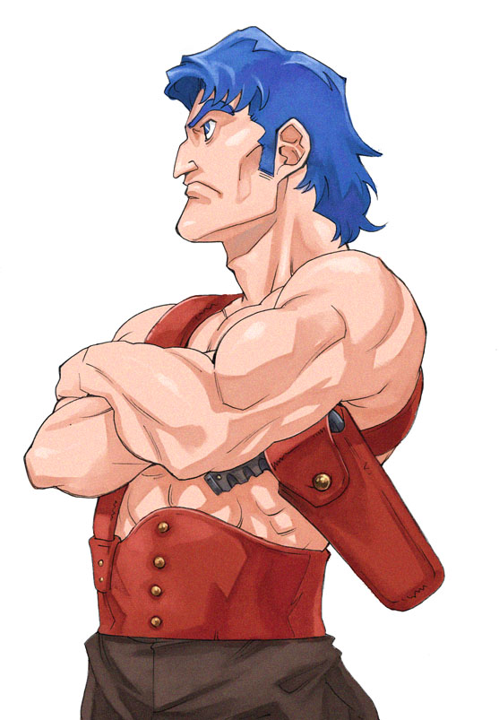 1boy adam's_apple blue_hair crossed_arms fatman_big holster looking_to_the_side male_focus muscle naked_sweater profile saitani_umetarou sentou_mecha_xabungle shoulder_holster sidelocks simple_background solo standing sweater thick_eyebrows white_background