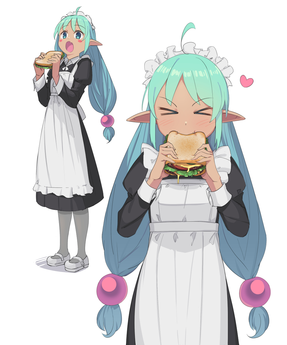 &gt;_&lt; 1girl :o ahoge apron aqua_hair beads blush_stickers eating eyebrows_visible_through_hair fang fangs food grey_legwear hair_beads hair_ornament heart highres holding holding_food juliet_sleeves long_hair long_sleeves maid maid_headdress multiple_views open_mouth original pointy_ears puffy_sleeves saiste sandwich shoes simple_background skin_fang skin_fangs white_background white_footwear