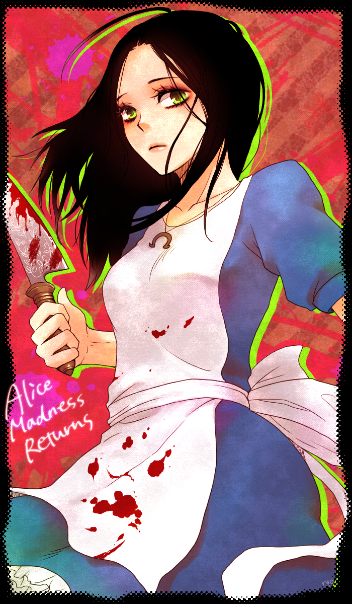 1girl alice:_madness_returns alice_(wonderland) american_mcgee's_alice apron black_hair blood breasts card closed_mouth dress highres jewelry jupiter_symbol knife long_hair looking_at_viewer necklace solo