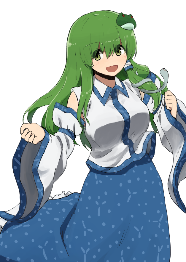 1girl bangs blue_skirt collared_shirt cowboy_shot detached_sleeves frog_hair_ornament green_eyes green_hair hair_between_eyes hair_ornament kochiya_sanae long_hair long_skirt long_sleeves open_mouth shirt simple_background skirt smile snake_hair_ornament solo tebukuro_withana touhou white_background white_shirt wide_sleeves