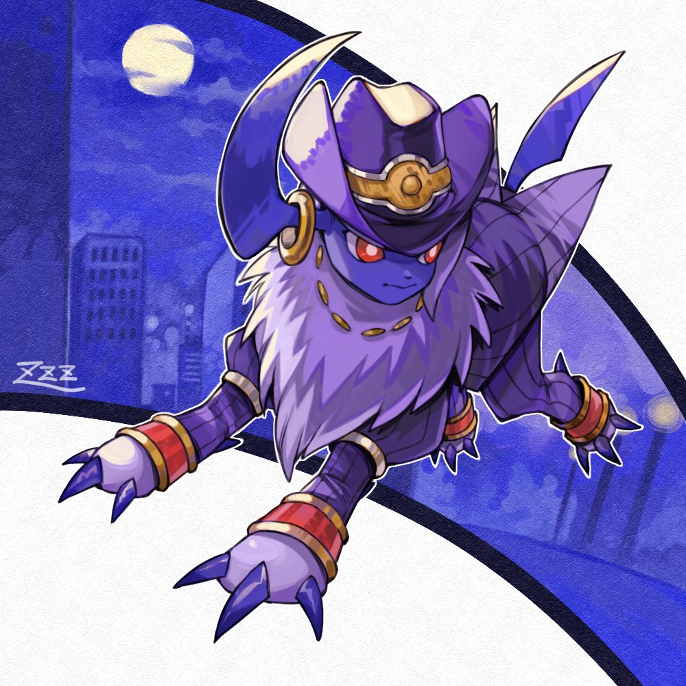 absol bright_pupils claws closed_mouth clothed_pokemon commentary_request hat hatted_pokemon jacket jewelry long_sleeves looking_to_the_side moon necklace no_humans oyasuminjyutsu pants pokemon pokemon_(creature) red_eyes signature solo white_pupils