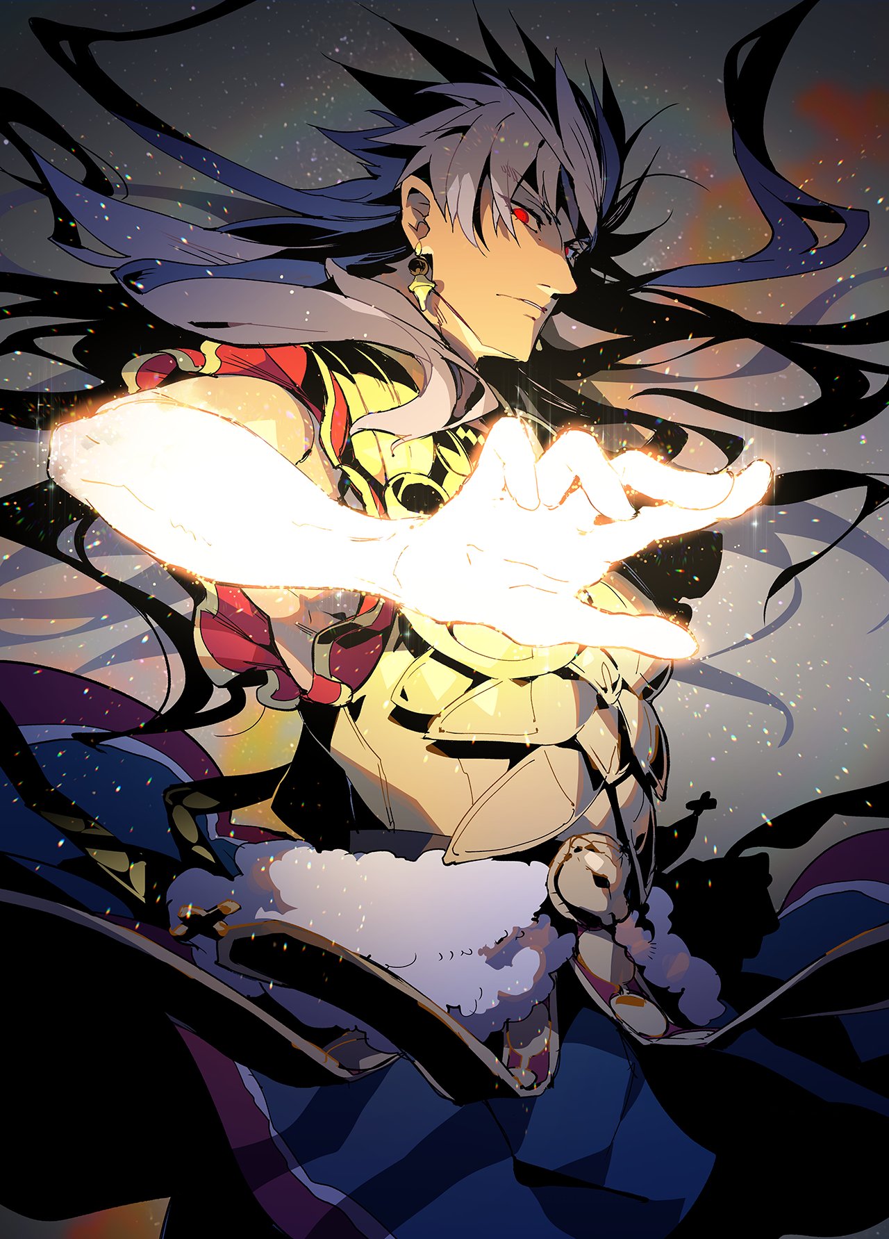 1boy closed_mouth dark_blue_hair earrings elbow_gloves fate/grand_order fate_(series) fighting_stance floating floating_hair foreshortening gloves glowing glowing_hand gold_armor highres jewelry koshiro_itsuki light_particles long_hair looking_at_viewer male_focus romulus_quirinus_(fate/grand_order) upper_body very_long_hair