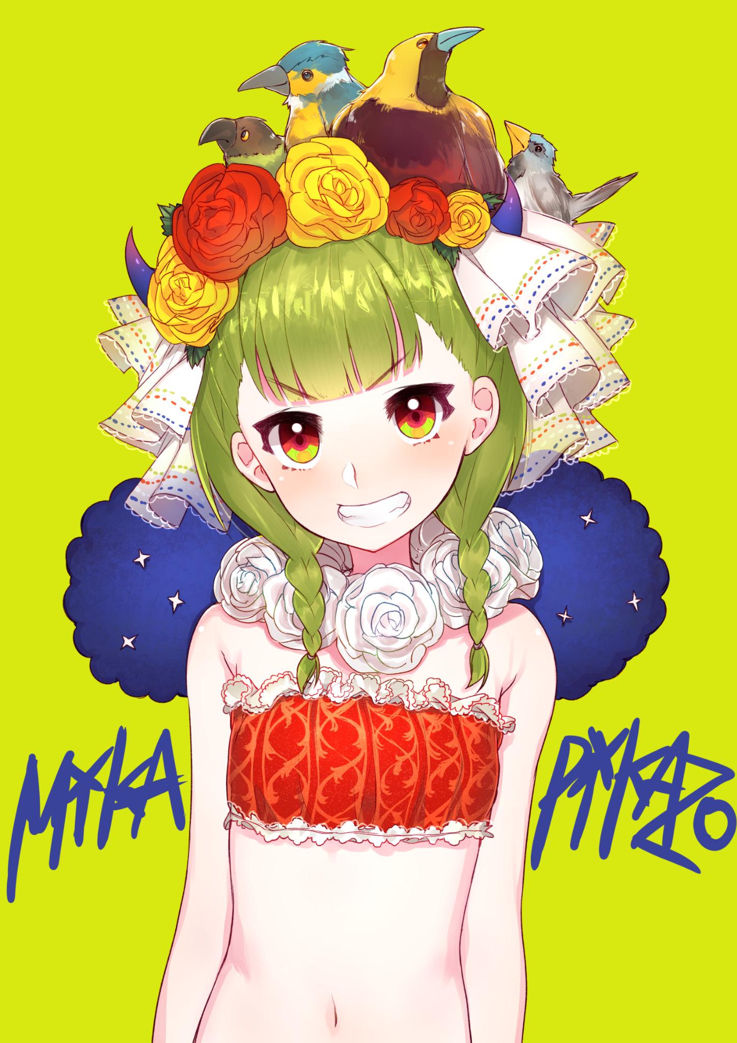 1girl animal animal_on_head artist_name bandeau bangs bird bird_on_head blunt_bangs braid flower green_background green_eyes green_hair grin hair_over_shoulder head_tilt head_wreath highres long_hair looking_at_viewer midriff mika_pikazo multicolored multicolored_eyes navel on_head original red_eyes red_flower red_rose rose simple_background smile solo twin_braids upper_body white_flower white_rose yellow_flower yellow_rose