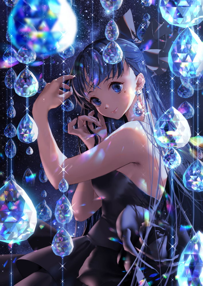 1girl black_dress blue_eyes blue_hair bow closed_mouth diamond_(gemstone) dress fingernails from_side grey_bow hair_bow hands_up lilithbloody long_hair looking_at_viewer looking_to_the_side mole mole_under_eye nail_polish original pink_nails smile solo starry_sky_print strapless strapless_dress upper_body