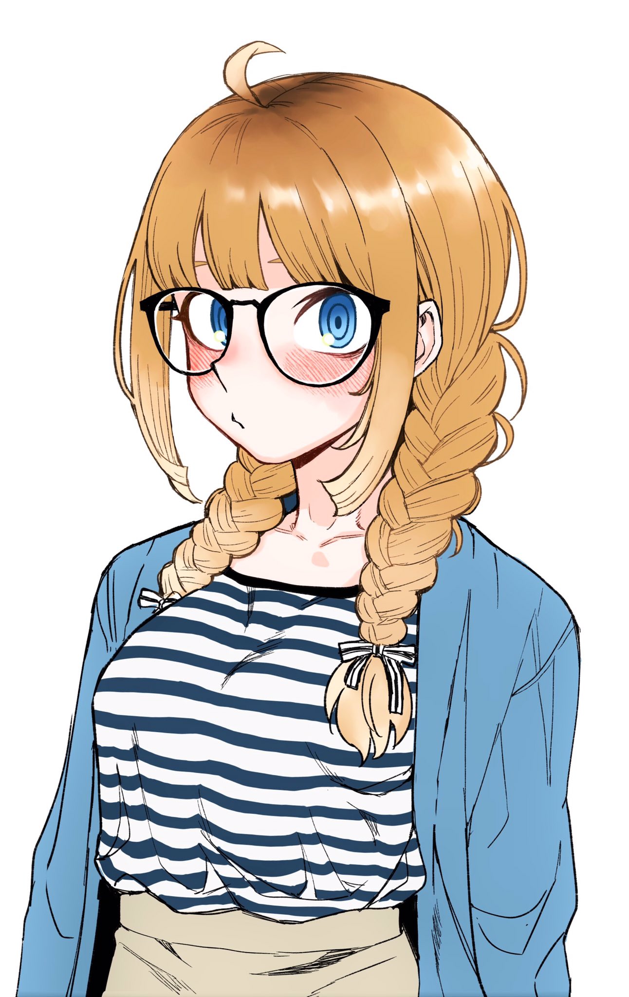 1girl ahoge black-framed_eyewear blonde_hair blue_eyes blue_jacket blush braid breasts glasses haiokumantan_c hair_ribbon high-waist_skirt highres jacket light_brown_hair long_hair medium_breasts original ribbon shirt sidelocks simple_background skirt solo striped striped_shirt twin_braids upper_body white_background