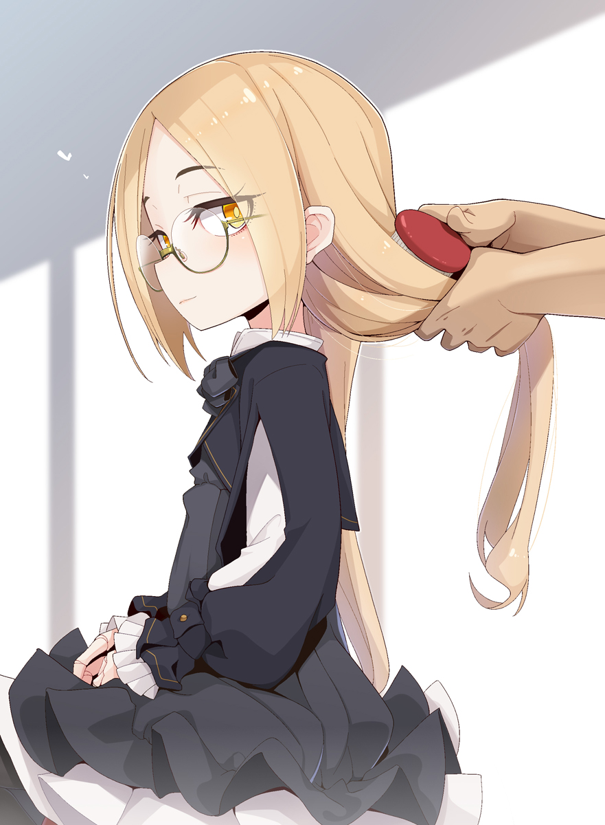 1boy 1girl bangs black_dress black_jacket blonde_hair blush brown-framed_eyewear brushing_another's_hair closed_mouth commentary_request doll_joints dress eyebrows_visible_through_hair frilled_dress frills glasses hair_brush highres holding holding_brush jacket joints long_hair long_sleeves ogami_kazuki orange_eyes original out_of_frame parted_bangs pleated_dress puffy_long_sleeves puffy_sleeves round_eyewear semi-rimless_eyewear sleeves_past_wrists solo_focus under-rim_eyewear very_long_hair
