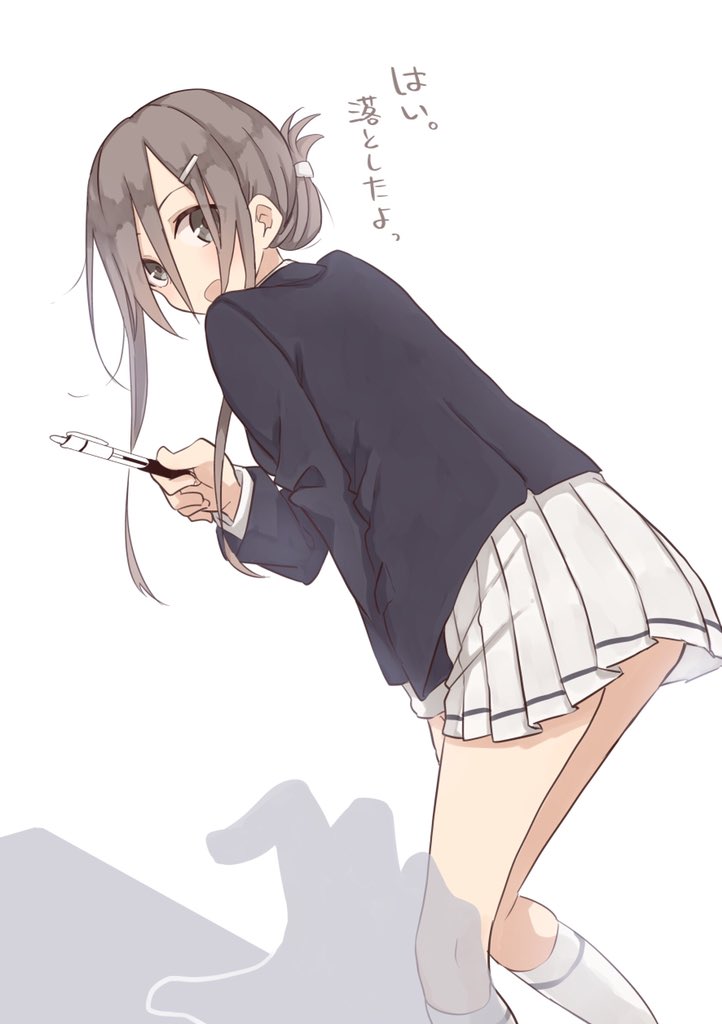 1girl black_jacket blush brown_hair feet_out_of_frame folded_ponytail from_behind grey_eyes head_tilt holding holding_pen jacket long_sleeves looking_at_viewer looking_back open_mouth original pen pleated_skirt rucchiifu skirt socks solo standing translation_request white_legwear white_skirt