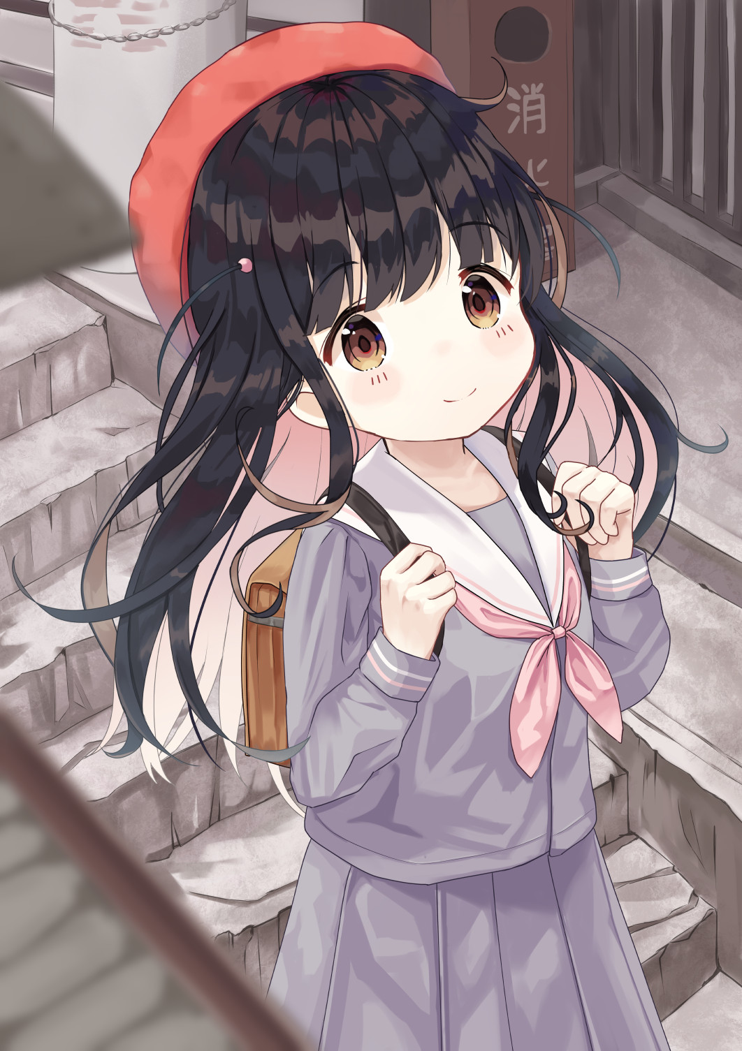 1girl backpack bag bangs beret black_hair blurry blurry_foreground blush brown_eyes closed_mouth commentary_request day depth_of_field eyebrows_visible_through_hair grey_serafuku grey_shirt grey_skirt hair_ornament hands_up hat highres holding_strap long_hair looking_at_viewer mimikaki_(men_bow) neckerchief original outdoors pink_neckwear pleated_skirt red_headwear sailor_collar school_uniform serafuku shirt skirt smile solo stairs stone_stairs twintails two_side_up white_sailor_collar