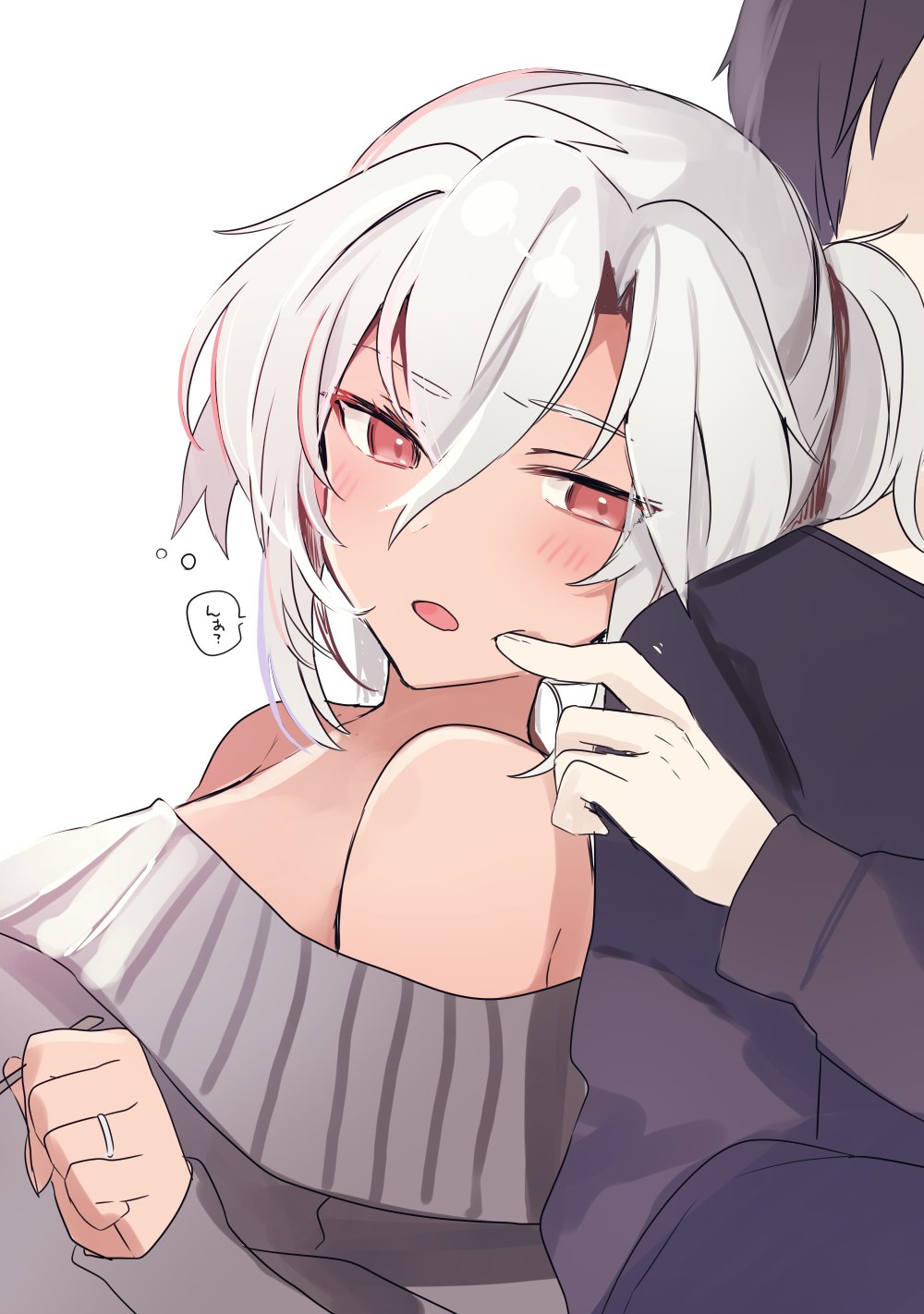 1boy 1girl alternate_costume bangs black_hair blush breasts cheek_poking commentary_request eyebrows_visible_through_hair faceless faceless_male hair_between_eyes highres jewelry kantai_collection long_hair long_sleeves musashi_(kantai_collection) off_shoulder open_mouth poking red_eyes ring simple_background sweater upper_body white_background white_hair yunamaro
