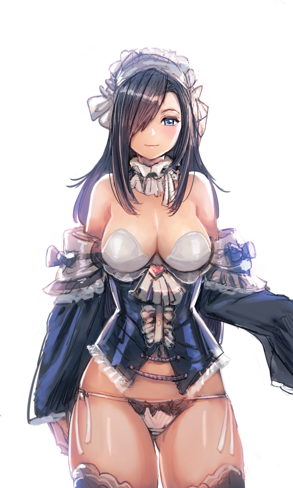 1girl ass_visible_through_thighs bikini black_legwear blue_eyes blush bow_(bhp) bra breasts brown_hair closed_mouth corset cowboy_shot detached_sleeves frills hair_over_one_eye long_hair long_sleeves looking_at_viewer maid_headdress neck_garter no_pants original panties side-tie_bikini simple_background sleeves_past_wrists smile solo swimsuit thigh-highs underwear white_background white_bra white_panties