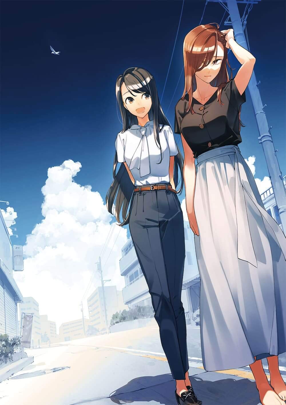 2girls arm_behind_back barefoot belt bird black_hair brown_hair building clouds cover cover_page flag hair_over_one_eye hand_in_hair highres long_hair long_skirt multiple_girls nakatani_nio pants pole road shadow skirt sky walking