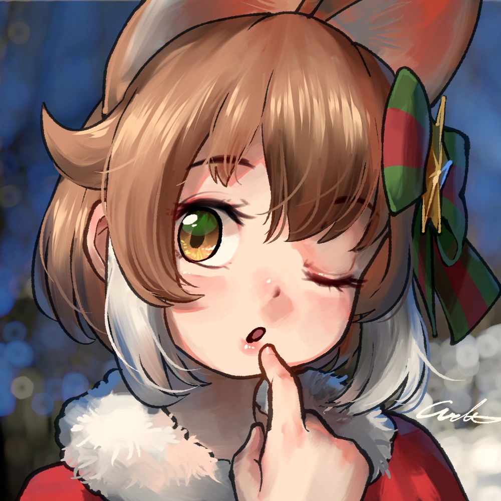 1girl alternate_costume animal_ears blush bow christmas close-up coat commentary_request dhole_(kemono_friends) dog_ears dog_girl extra_ears eyebrows_visible_through_hair finger_to_mouth fur_trim hair_bow kemono_friends kemono_friends_3 light_brown_hair multicolored_hair one_eye_closed red_coat santa_costume short_hair solo welt_(kinsei_koutenkyoku) white_fur white_hair yellow_eyes