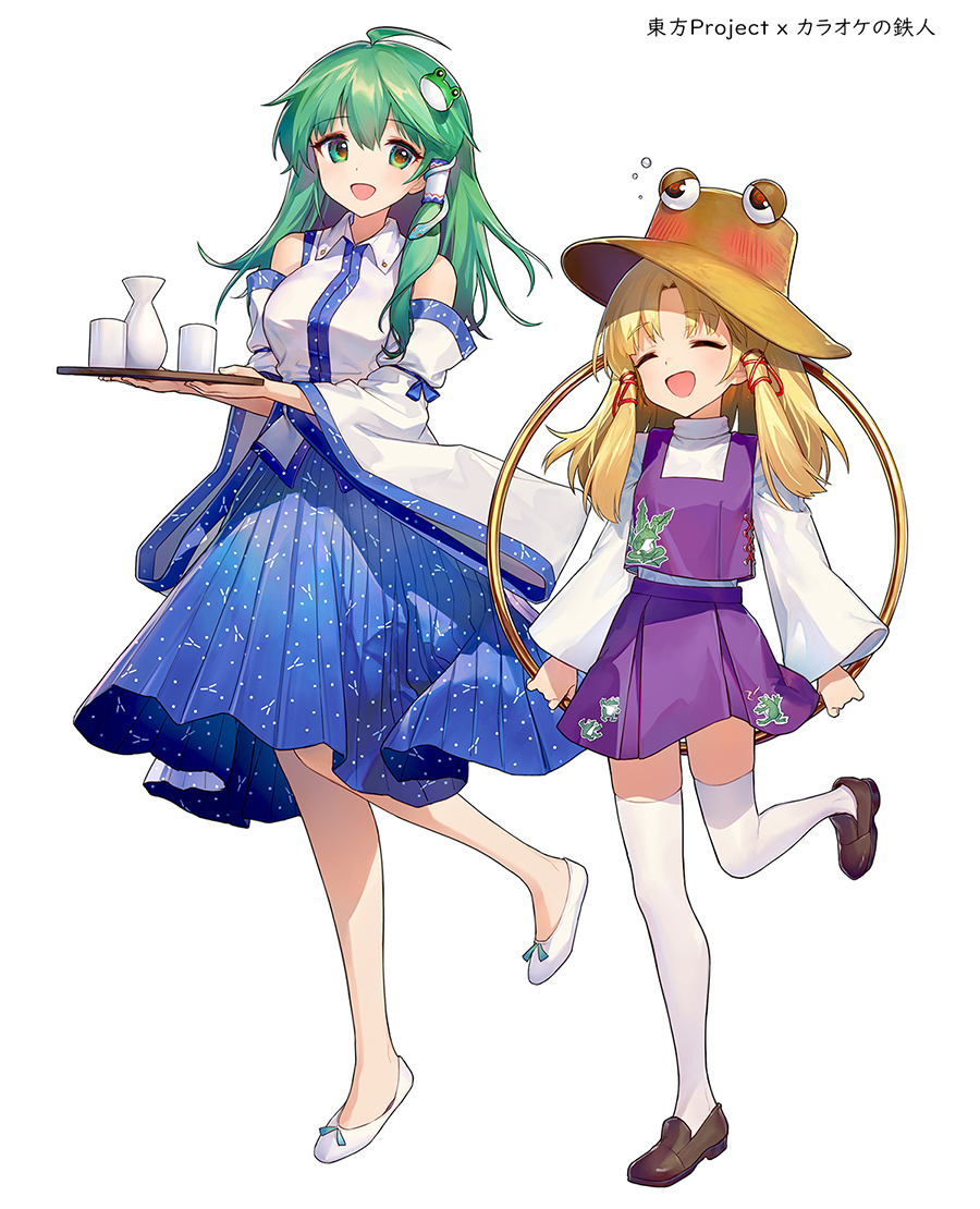 :d ahoge ainy blonde_hair blouse blue_skirt blush brown_footwear choko_(cup) closed_eyes cup detached_sleeves drunk eyebrows_visible_through_hair frog_hair_ornament full_body green_eyes green_hair hair_ornament hair_ribbon hair_tubes hat holding holding_tray kochiya_sanae miniskirt moriya's_iron_rings moriya_suwako open_mouth purple_skirt purple_vest pyonta red_ribbon ribbon shoes simple_background skirt skirt_set smile snake_hair_ornament thigh-highs tokkuri touhou tray tress_ribbon vest white_background white_blouse white_footwear white_legwear zettai_ryouiki