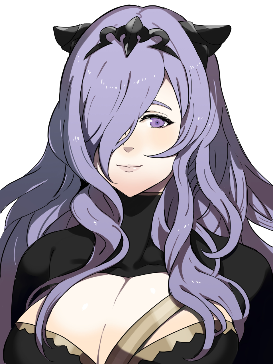1girl ariaridoradora black_shirt breasts camilla_(fire_emblem) closed_mouth fire_emblem fire_emblem_fates fire_emblem_heroes hair_over_one_eye highres large_breasts long_hair looking_at_viewer open_clothes open_shirt purple_hair shiny shiny_hair shirt tiara violet_eyes white_background