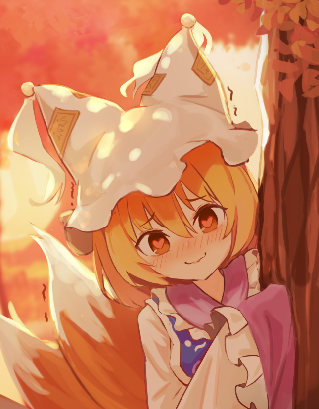 1girl behind_tree blonde_hair blush commentary_request day dress fox_tail hat heart heart-shaped_pupils long_sleeves multiple_tails outdoors peeking_out pillow_hat short_hair smile solarisu solo symbol-shaped_pupils tabard tail tassel touhou tree upper_body wavy_mouth white_dress white_headwear wide_sleeves yakumo_ran