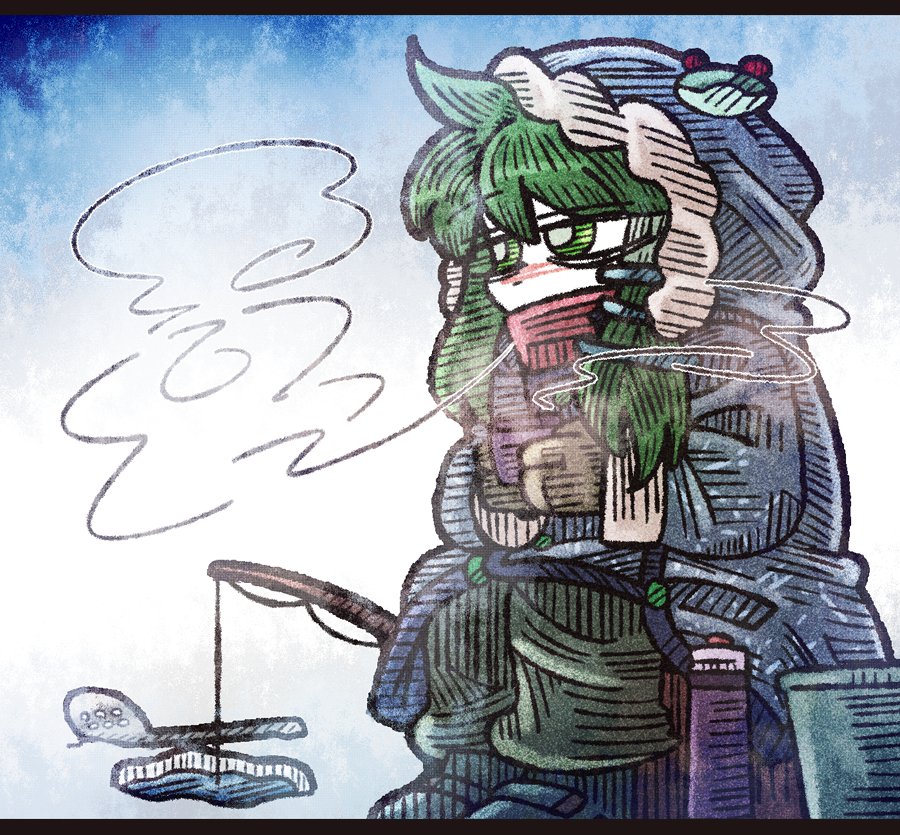 1girl blue_coat blue_footwear boots breath brown_gloves bucket coat fishing fishing_rod frog_hair_ornament full_body gloves green_eyes green_hair green_pants hair_ornament hair_tubes hood hood_up ice_fishing kochiya_sanae letterboxed outdoors pants sitting snow solo suenari_(peace) thermos touhou water winter_clothes winter_coat