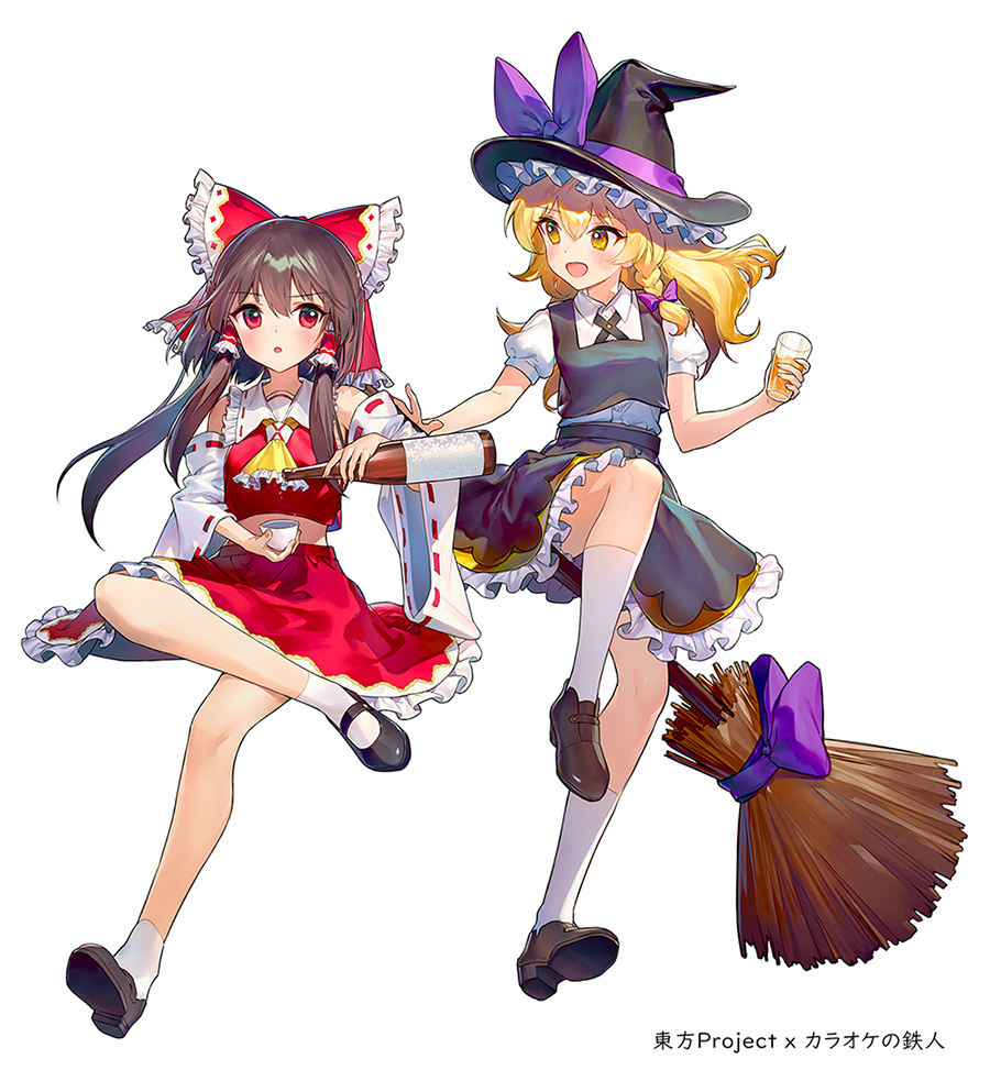 2girls ainy black_hair black_skirt black_vest blonde_hair blouse bottle bow braid broom collared_blouse crossed_legs cup detached_sleeves eyebrows_visible_through_hair full_body glass hair_tubes hakurei_reimu hat hat_bow holding holding_bottle holding_cup invisible_chair kirisame_marisa leg_up long_hair mary_janes midriff multiple_girls neck_ribbon open_mouth parted_lips petticoat puffy_short_sleeves puffy_sleeves purple_bow red_bow red_eyes red_shirt red_skirt ribbon ribbon-trimmed_sleeves ribbon_trim sake_bottle shirt shoes short_sleeves side_braid simple_background single_braid sitting skirt skirt_set socks touhou vest white_background white_blouse white_legwear witch_hat yellow_eyes yellow_neckwear