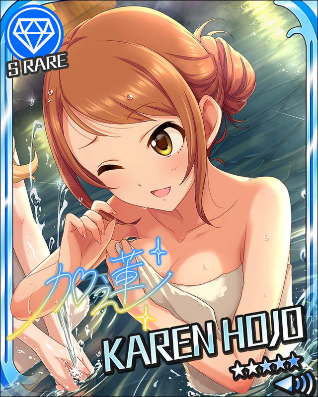 blush brown_eyes brown_hair character_name houjou_karen idolmaster idolmaster_cinderella_girls long_hair smile stars towel wink