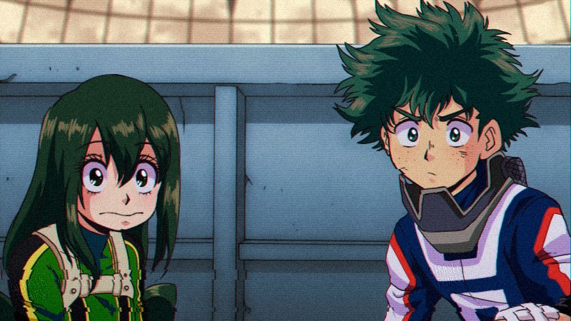 1990s_(style) 1boy 1girl asui_tsuyu black_eyes bodysuit boku_no_hero_academia closed_mouth derivative_work english_commentary green_bodysuit green_eyes green_hair hair_between_eyes long_hair looking_at_viewer messy_hair midoriya_izuku mightyklra retro_artstyle screencap_redraw sidelocks u.a._gym_uniform upper_body