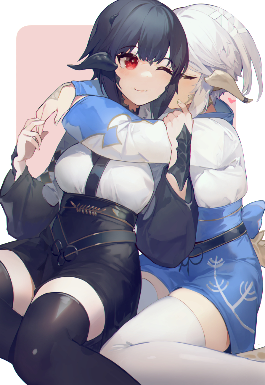 2girls ;) akizone au_ra bangs black_hair black_legwear black_skirt blue_skirt blush breasts cheeze_(akizone) closed_eyes closed_mouth final_fantasy final_fantasy_xiv hands_up heart high-waist_skirt highres holding_hands horns hug hug_from_behind long_sleeves looking_at_another multiple_girls one_eye_closed original red_eyes renz_(rirene_rn) shirt short_hair sitting skirt smile symbol_commentary thigh-highs underbust white_hair white_legwear white_shirt wide_sleeves yuri zettai_ryouiki