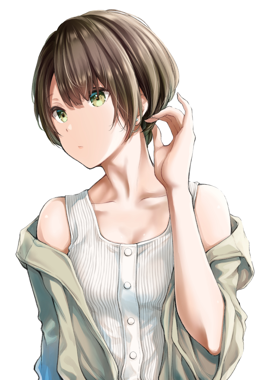 1girl brown_hair commentary_request ear_piercing green_eyes highres looking_to_the_side off-shoulder_jacket original piercing short_hair simple_background solo tagme tank_top upper_body white_background yammy