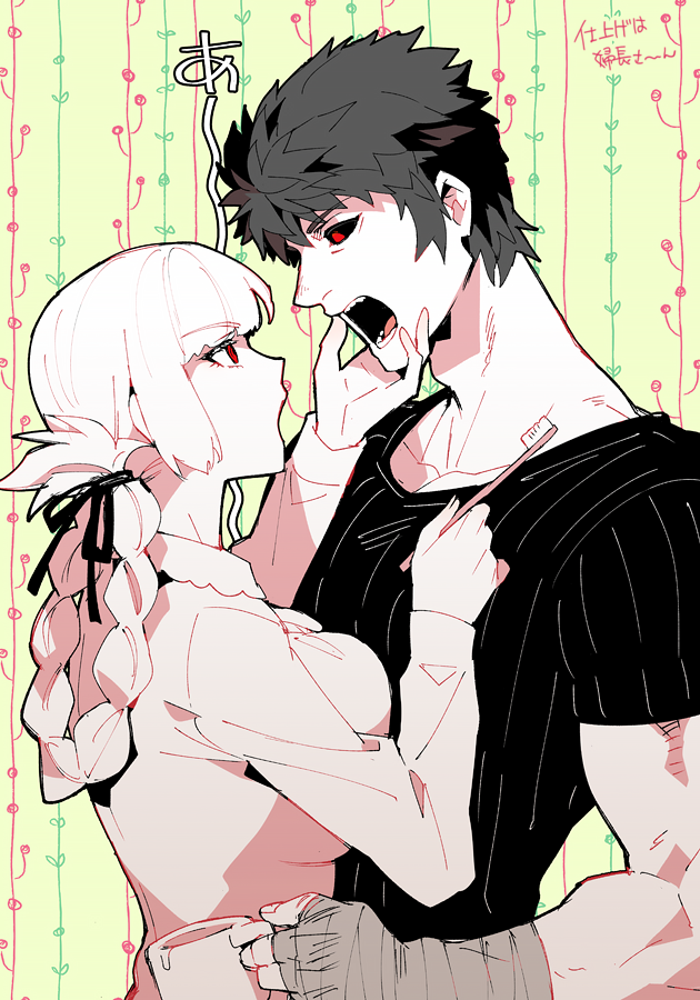 1boy 1girl alternate_costume black_sclera black_shirt breast_press breasts caligula_(fate/grand_order) fate/grand_order fate_(series) florence_nightingale_(fate/grand_order) hand_on_another's_face koshiro_itsuki limited_palette long_hair muscle partially_colored red_eyes shirt short_hair toothbrush