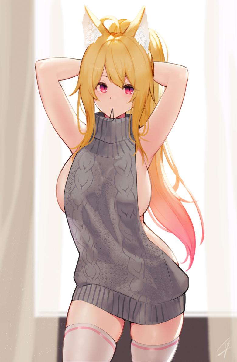 1girl ahoge animal_ears armpits arms_up backlighting blonde_hair breasts commission contrapposto cowboy_shot dungeon_and_fighter hair_tie hayabusa huge_breasts indoors kaiser_(myeonggihusband) long_hair looking_at_viewer meme_attire mouth_hold pink_eyes pink_hair ponytail ribbed_sweater sidelocks slit_pupils solo sweater thigh-highs tying_hair virgin_killer_sweater white_legwear