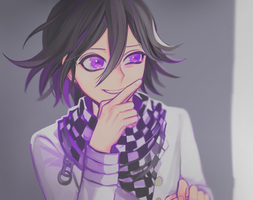 1boy bangs black_hair checkered checkered_scarf commentary_request dangan_ronpa face finger_to_mouth grey_background hair_between_eyes hand_up jacket kimbok long_sleeves looking_at_viewer male_focus messy_hair multicolored_hair new_dangan_ronpa_v3 open_mouth ouma_kokichi purple_hair scarf short_hair smile solo straitjacket two-tone_hair upper_body upper_teeth violet_eyes