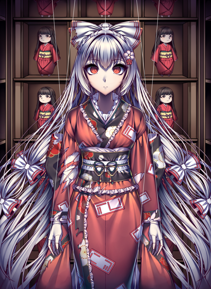 1girl bangs bow closed_mouth commentary_request doll doll_joints empty_eyes eyelashes feet_out_of_frame flower frilled_kimono frills fujiwara_no_mokou gem_oblivion hair_bow hair_flower hair_ornament houraisan_kaguya japanese_clothes joints kimono long_hair looking_at_viewer marionette obiage obijime ofuda ofuda_on_clothes puppet puppet_strings red_eyes red_kimono shelf sidelocks silver_hair solo standing torn_clothes torn_kimono torn_sleeves touhou very_long_hair white_bow