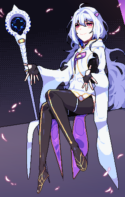 1girl ahoge beolbak black_gloves black_legwear blush closed_mouth dithered_background dithering fate/grand_order fate_(series) fingerless_gloves gloves hair_between_eyes hairband long_hair merlin_(fate/prototype) petals pixel_art sitting sleeves_past_wrists smile solo staff violet_eyes white_hairband wide_sleeves