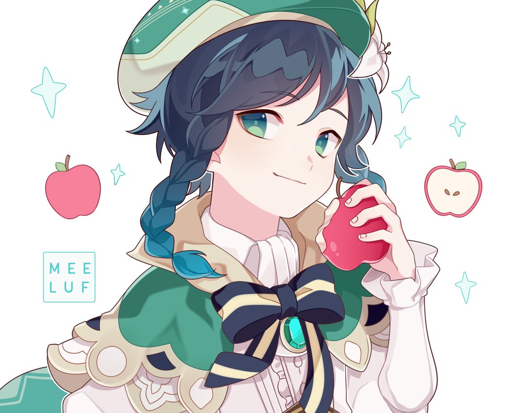 1boy androgynous apple beret black_hair blue_hair braid closed_mouth food fruit genshin_impact gradient_hair green_eyes green_headwear hat holding holding_food holding_fruit looking_to_the_side male_focus meelaffs multicolored_hair smile solo symbol_commentary twin_braids two-tone_hair upper_body venti_(genshin_impact)