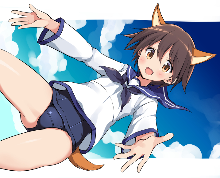 1girl animal_ears blouse blue_neckwear blue_sailor_collar blue_sky blue_swimsuit blush brown_eyes brown_hair clouds cloudy_sky commentary_request crotch_seam day dress dutch_angle eyebrows_visible_through_hair long_sleeves looking_at_viewer miyafuji_yoshika neckerchief odawara_hakone open_mouth outside_border outstretched_arms partial_commentary sailor_collar sailor_dress school_swimsuit short_hair sky smile solo spread_arms standing strike_witches swimsuit swimsuit_under_clothes tail uniform white_blouse world_witches_series