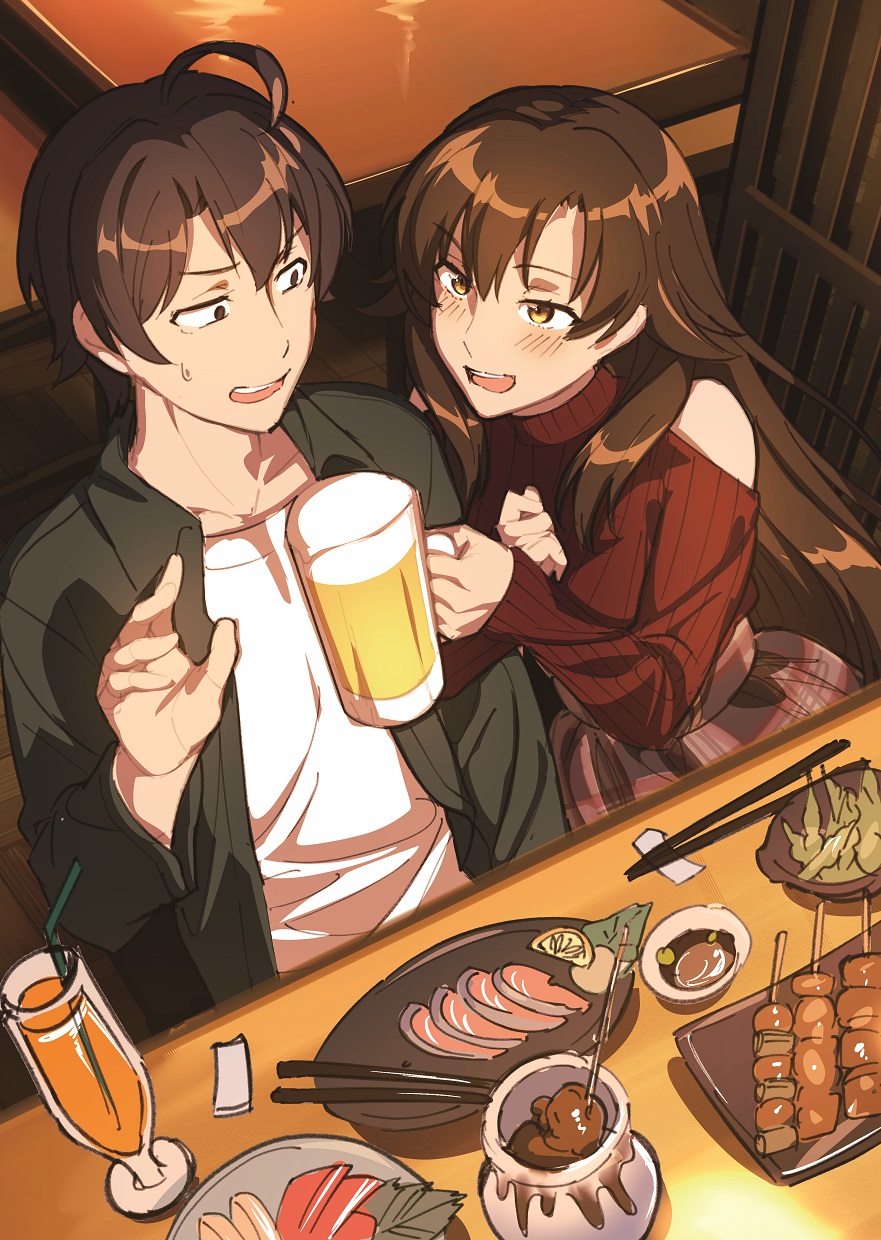 1boy 1girl age_difference ahoge alcohol bangs beer beer_mug blush brown_eyes brown_hair chopstick_rest chopsticks collared_shirt commentary_request cup drink drinking_glass drinking_straw drunk eye_contact foam food_request green_shirt hair_between_eyes hand_up highres hikigaya_hachiman hiratsuka_shizuka holding holding_cup hotaru_iori jacket long_hair long_sleeves looking_at_another mug open_clothes open_mouth open_shirt plate red_sweater ribbed_sweater shirt short_hair sitting sketch skirt smile sweatdrop sweater table turtleneck turtleneck_sweater upper_teeth white_shirt wooden_floor yahari_ore_no_seishun_lovecome_wa_machigatteiru.