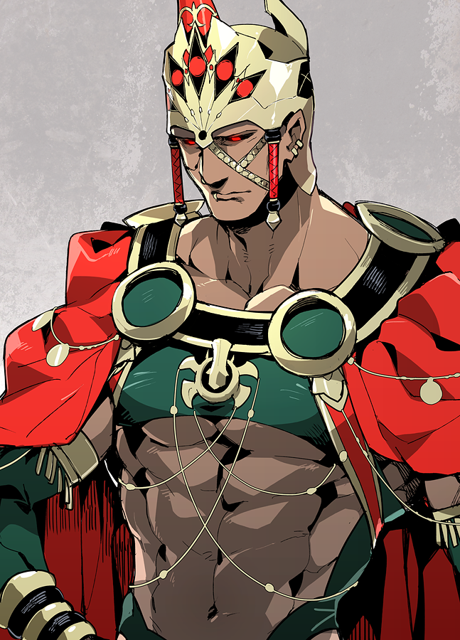 1boy abs black_sclera cape chest chest_harness earrings elbow_gloves fate/grand_order fate_(series) gloves harness hat helmet jewelry koshiro_itsuki lip_piercing looking_down male_focus muscle navel piercing red_cape red_eyes revealing_clothes romulus_(fate/grand_order) simple_background solo upper_body