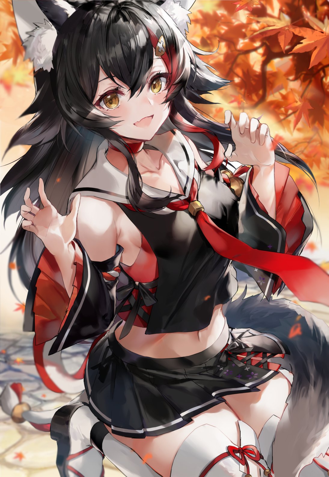 1girl :d animal_ear_fluff animal_ears autumn autumn_leaves bangs bell black_hair black_skirt black_sleeves collarbone detached_sleeves fang flipped_hair full_body hair_between_eyes hair_ornament highlights highres hinahino hololive jingle_bell kneeling kouhaku_nawa long_hair looking_at_viewer microskirt midriff multicolored_hair neckerchief no_bra ookami_mio open_mouth pleated_skirt sailor_collar sailor_shirt shirt side-tie_shirt skirt sleeveless smile solo tabi tail thigh-highs very_long_hair virtual_youtuber white_legwear wide_sleeves wolf_ears wolf_girl wolf_tail yellow_eyes