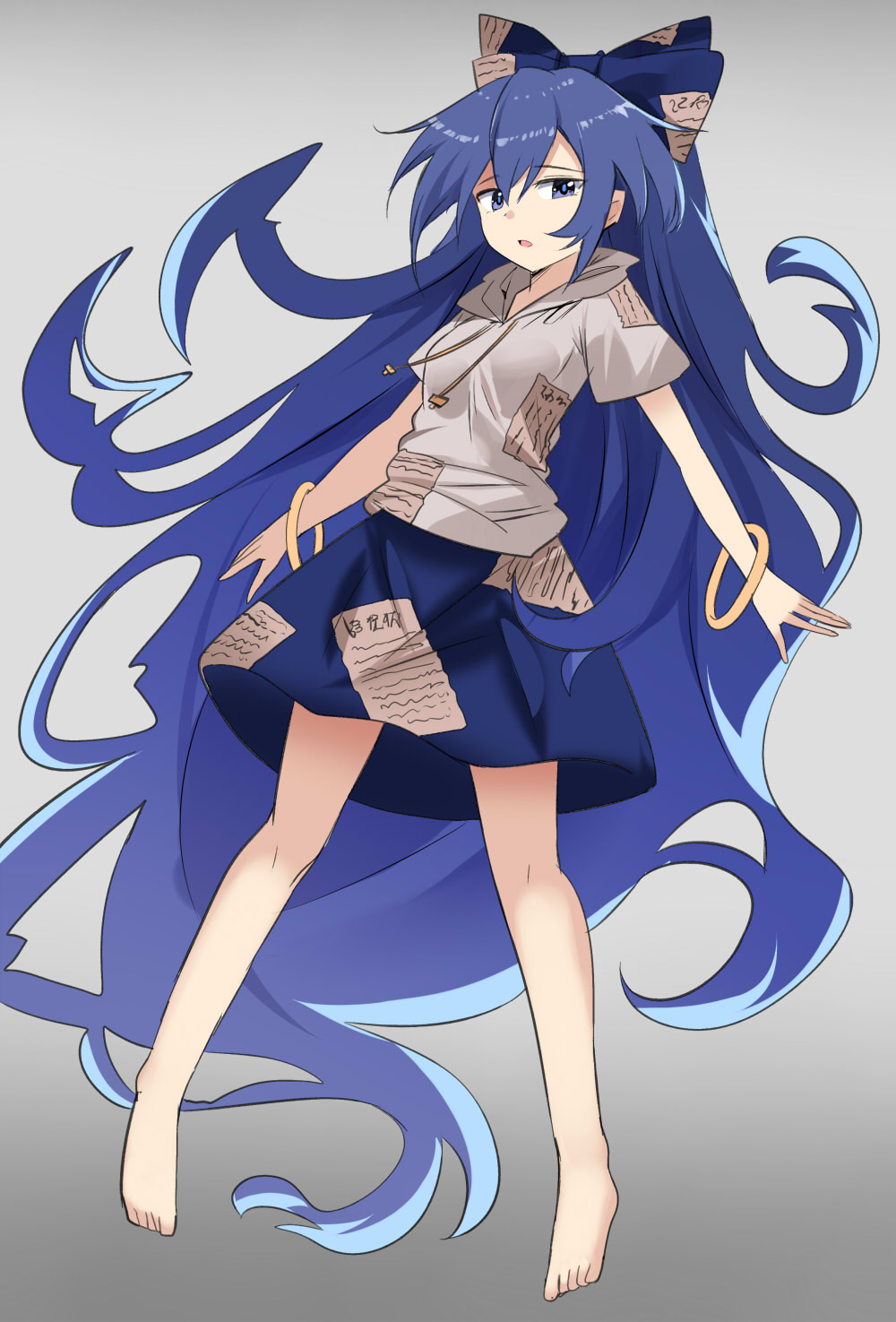 1girl bangle bare_legs barefoot blue_bow blue_eyes blue_hair blue_skirt bow bracelet debt e.o. full_body gradient gradient_background grey_background grey_hoodie highres hood hoodie jewelry long_hair open_mouth simple_background skirt touhou yorigami_shion
