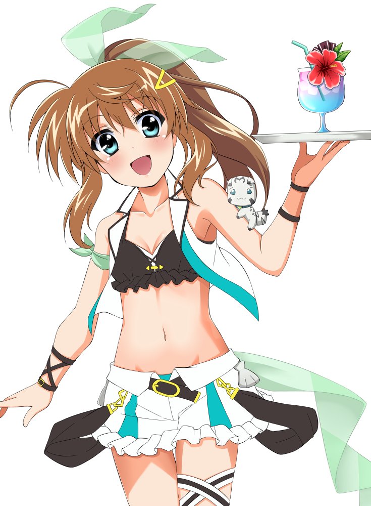 1girl :d adapted_costume ahoge bangs bikini bikini_skirt black_bikini breasts brown_hair cocktail_glass commentary_request cowboy_shot cropped_jacket cup drinking_glass drinking_straw eyebrows_visible_through_hair flower frilled_skirt frills fuuka_reventon green_eyes green_ribbon hair_ornament hair_ribbon hairclip hibiscus holding holding_tray huracan_(vivid_strike!) jacket looking_at_viewer lyrical_nanoha margarita medium_hair navel open_mouth ponytail red_flower ribbon sidelocks simple_background skirt sleeveless sleeveless_jacket small_breasts smile solo standing swimsuit thigh_strap tray vivid_strike! white_background white_jacket white_skirt wristband yorousa_(yoroiusagi)